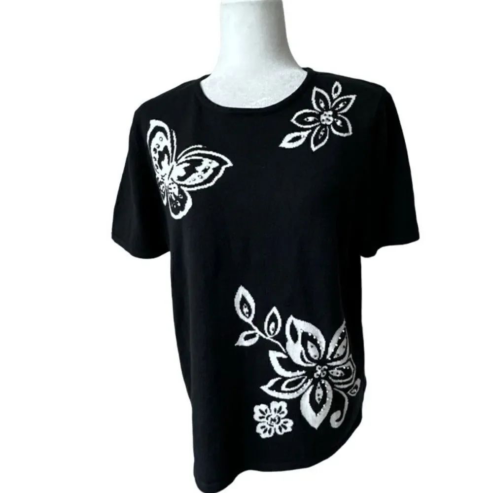 Alfred Dunner Black Top Butterfly Floral Beaded Short Sleeve Shirt SZ S